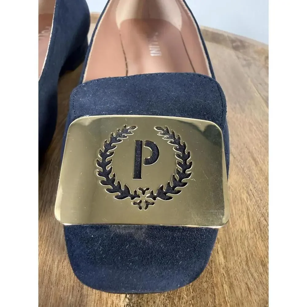 Pollini Clodette15 Oceano Navy Suede Ballerinas w/ Gold Plaque EU 35 / US 5 NWB - Picture 6 of 12